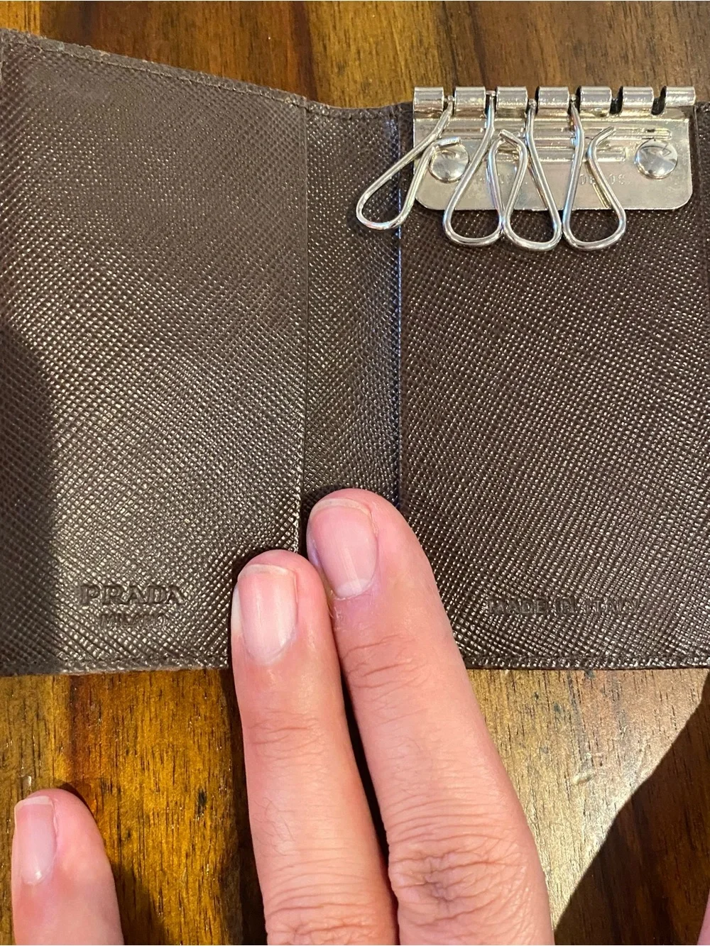 Prada Triangular Logo Key Holder in Olive Green